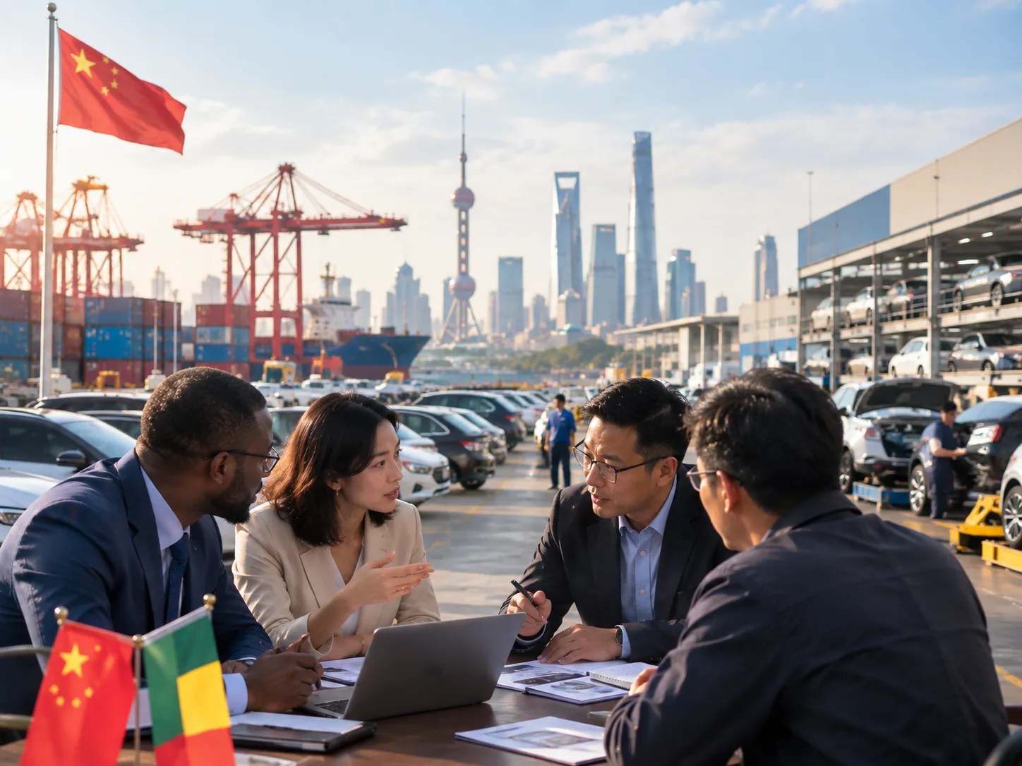 Un acheteur africain et ses partenaires chinois négocient face au port et à la skyline de Shanghai
